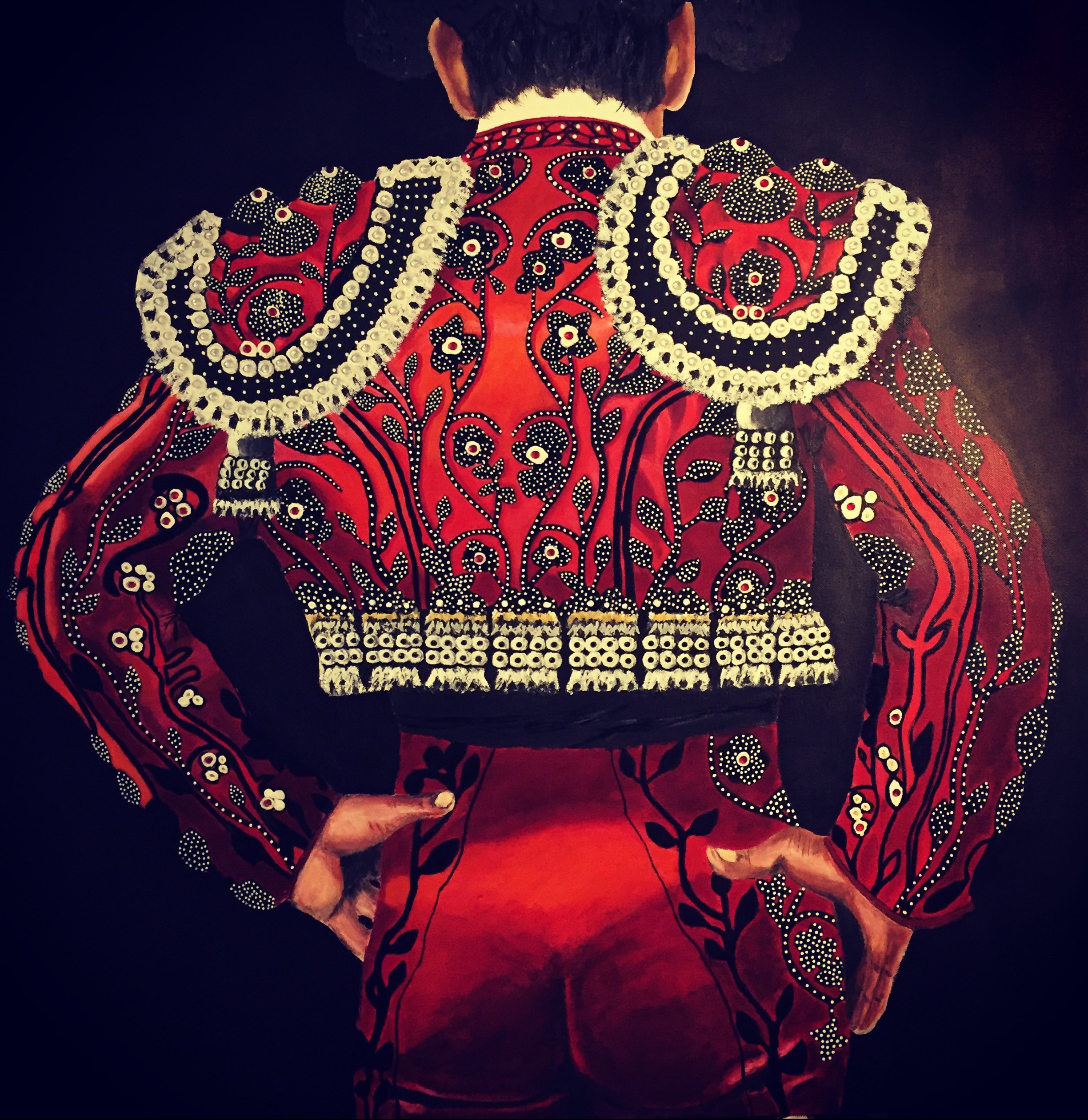 crylic painting of a matador in a traditional traje de luces, poised with a red aboriginal inspired jacket by Javi Arts