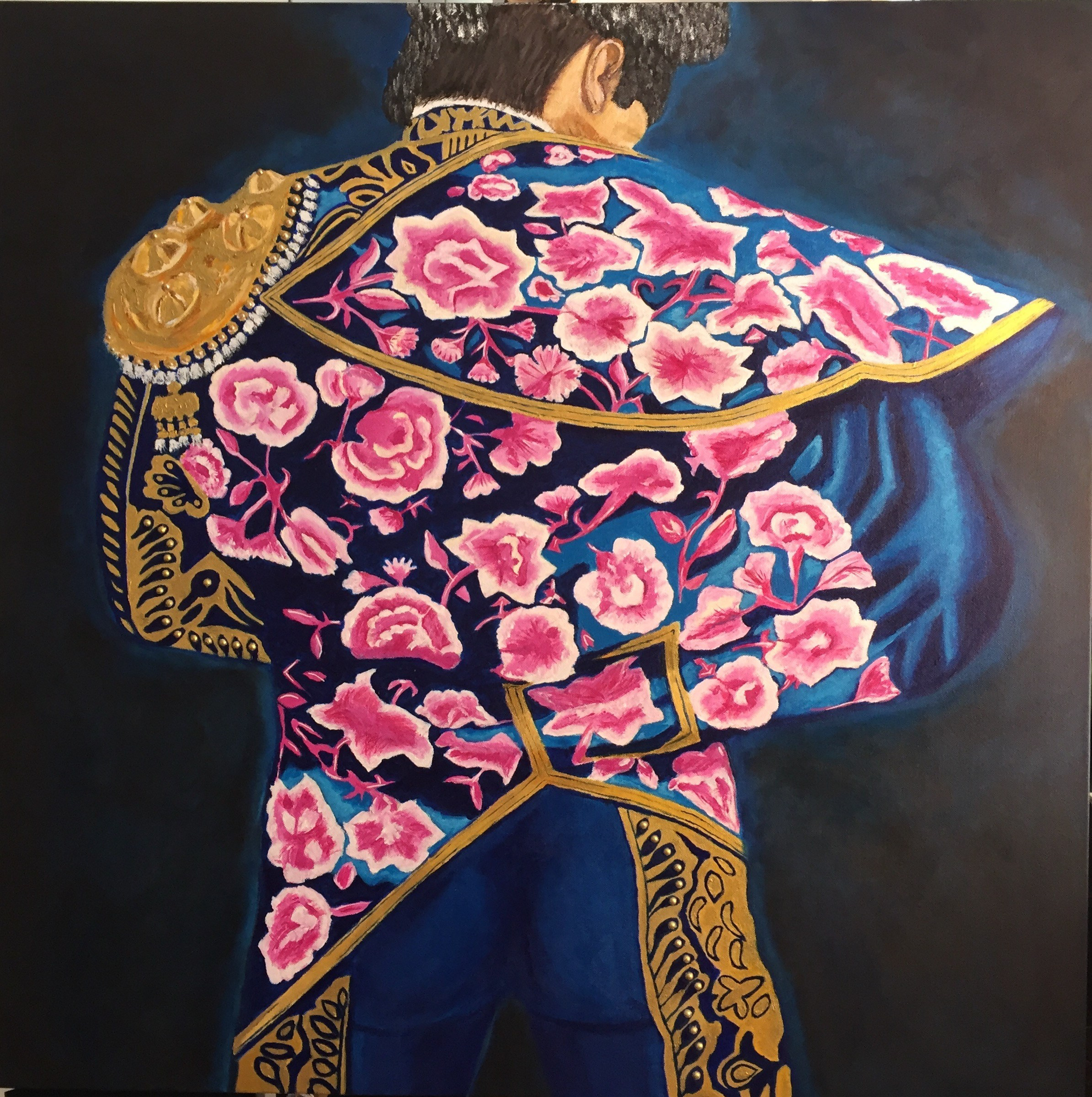 crylic painting of a matador in a traditional traje de luces, poised with a blue and pink flower cape by Javi Arts