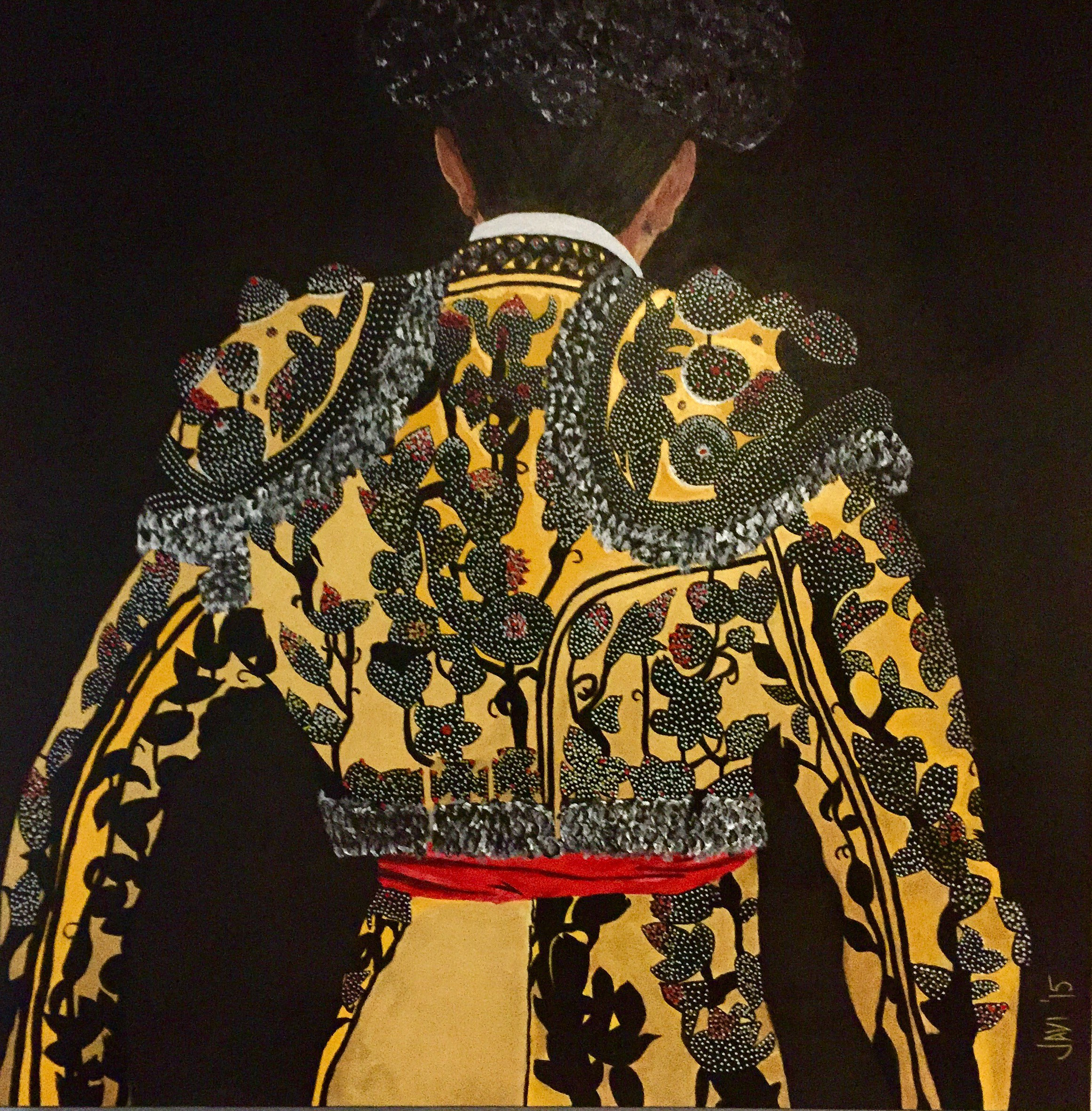 crylic painting of a matador in a traditional traje de luces, poised with golden jacket by Javi Arts