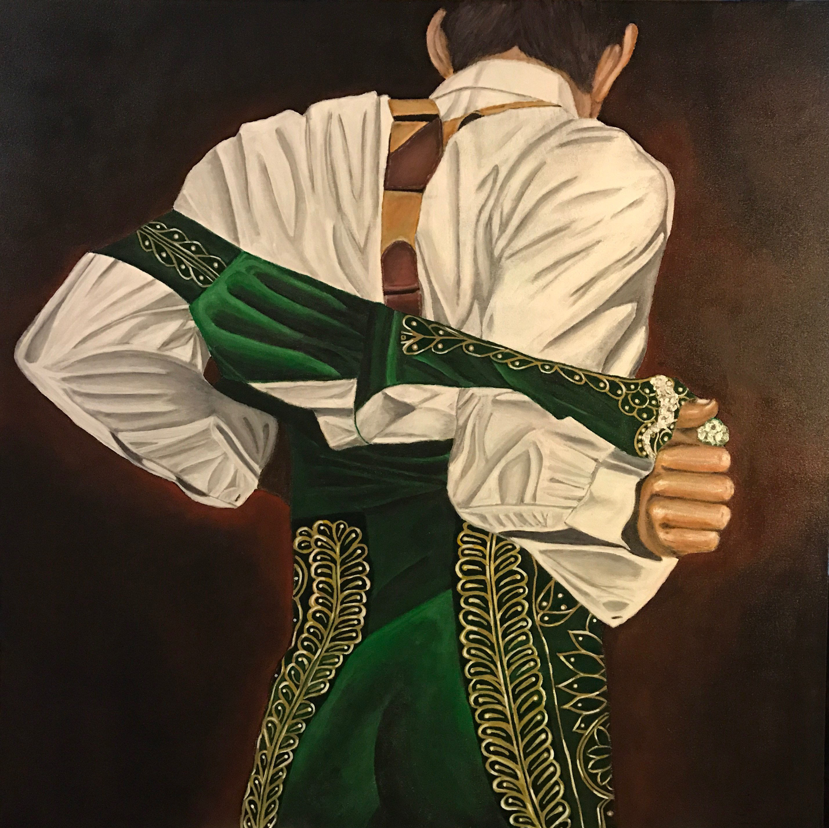 crylic painting of a matador in a traditional traje de luces, poised with a green vest by Javi Arts