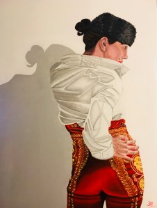 crylic painting of a female matador in a traditional traje de luces, poised with a no jacket by Javi Arts